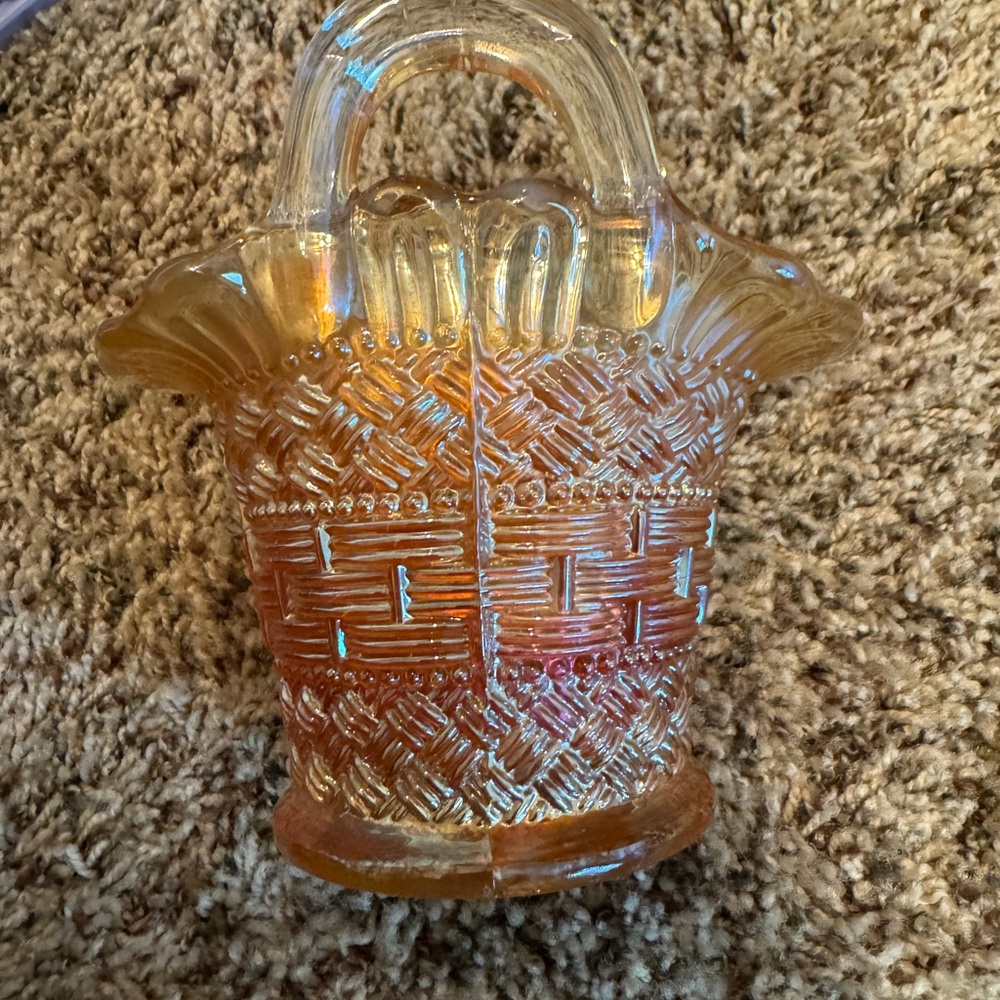 Fenton Amber Glass Basket with Handles iridescent